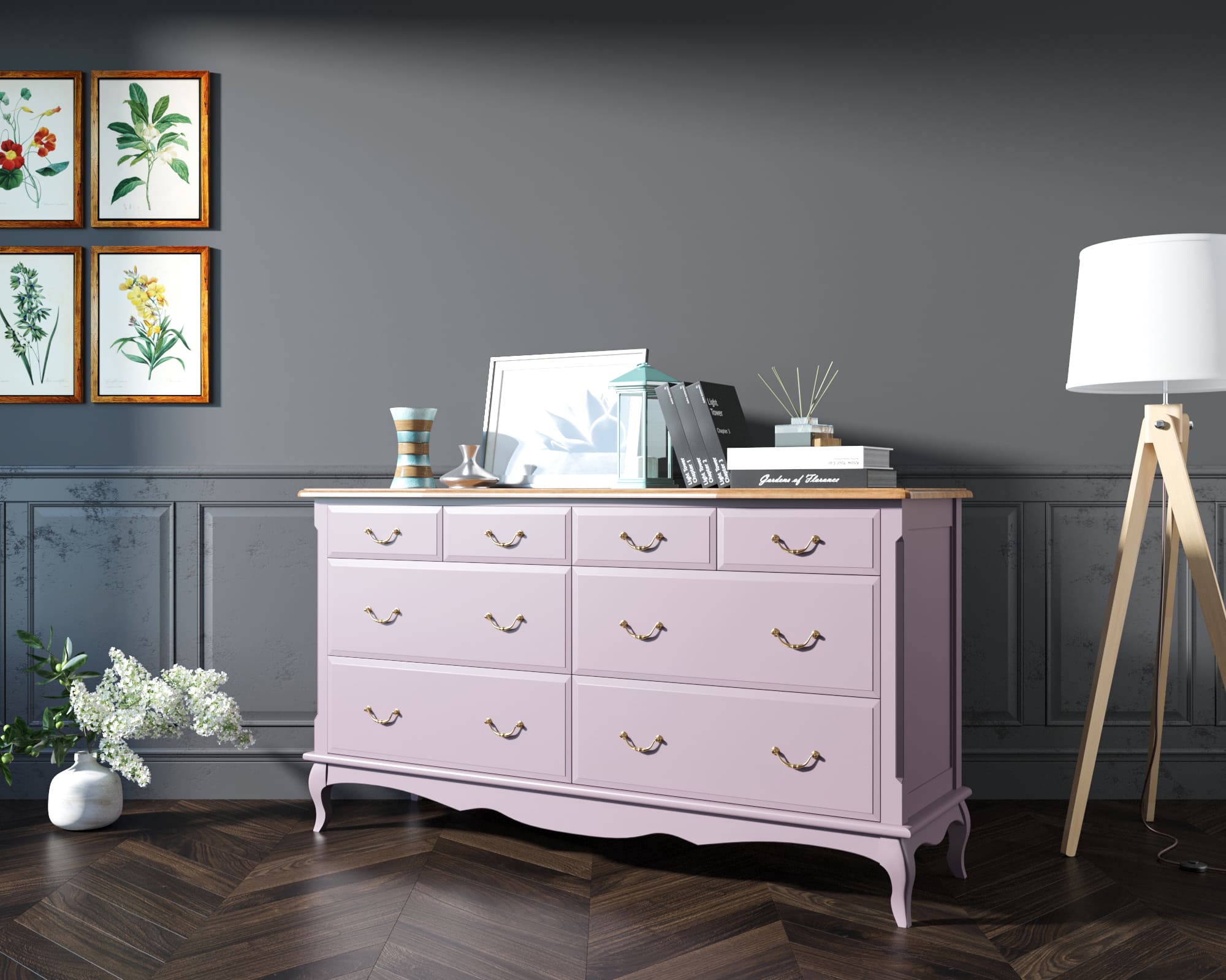 Большой комод Leontina Lavanda на восемь ящиков арт ST9335/2L