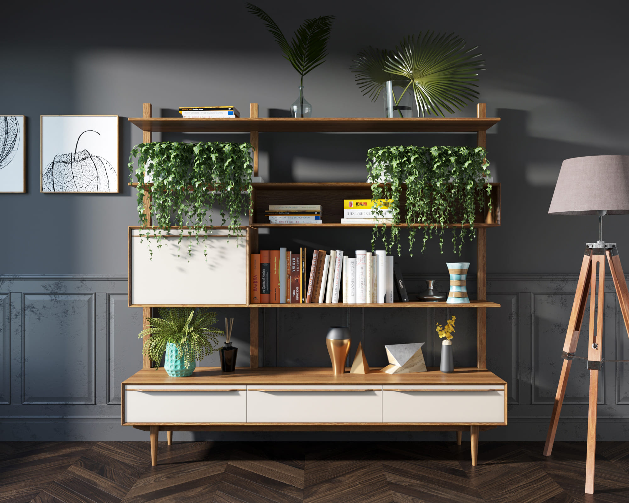 Стеллаж "Bruni white" с ящиками массив