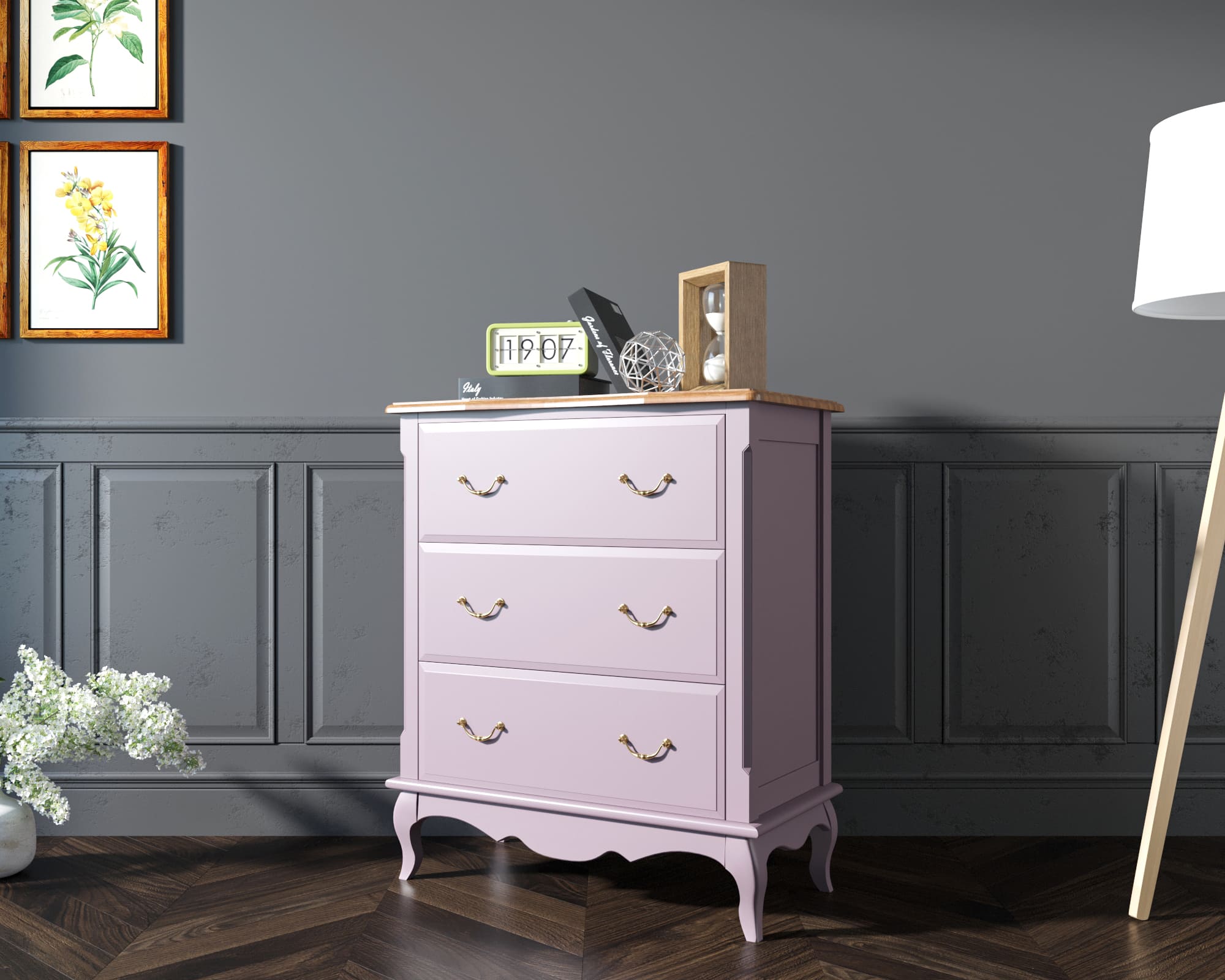 Комод из дерева Leontina Lavanda три ящика арт ST9356L