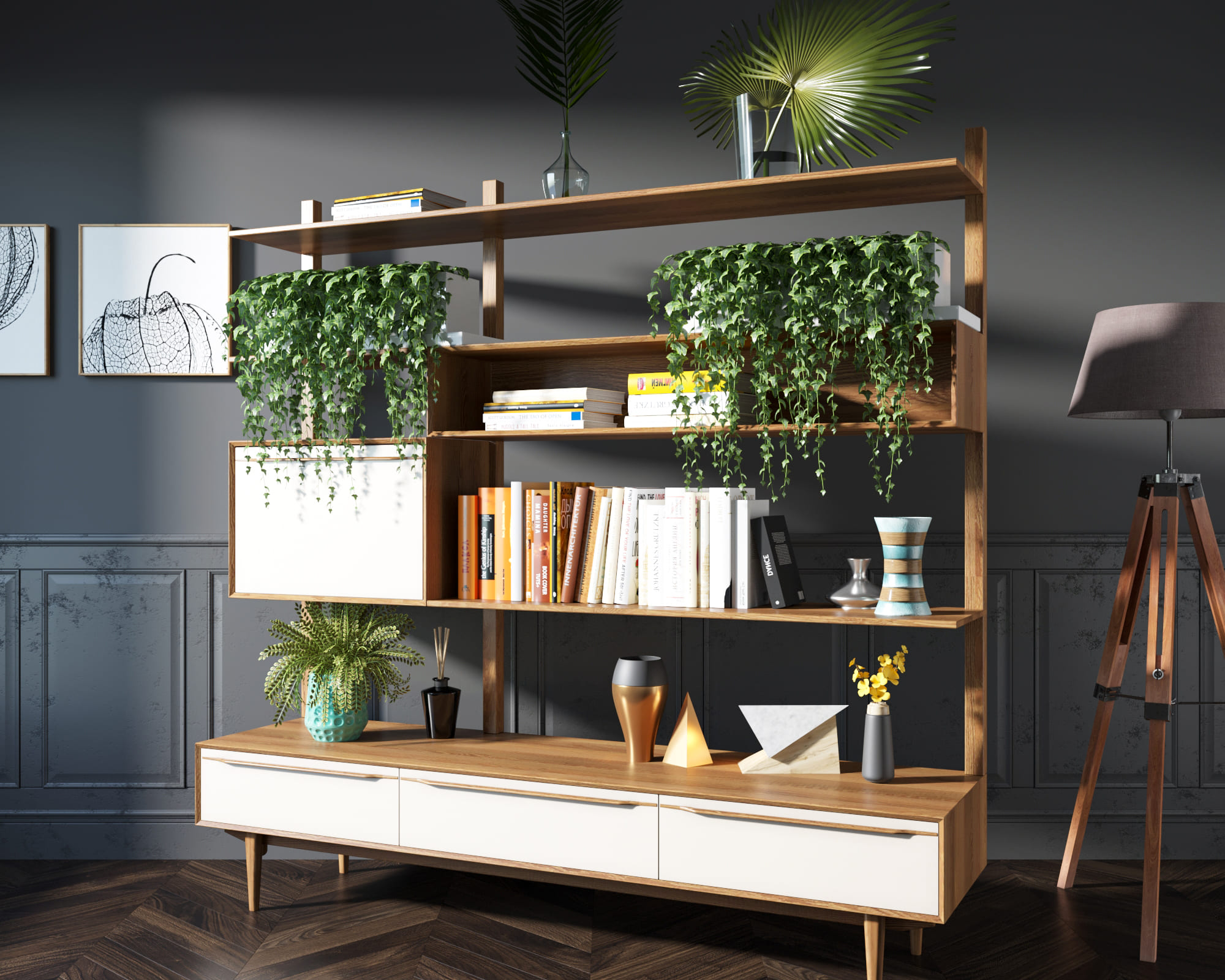 Стеллаж "Bruni white" с ящиками массив