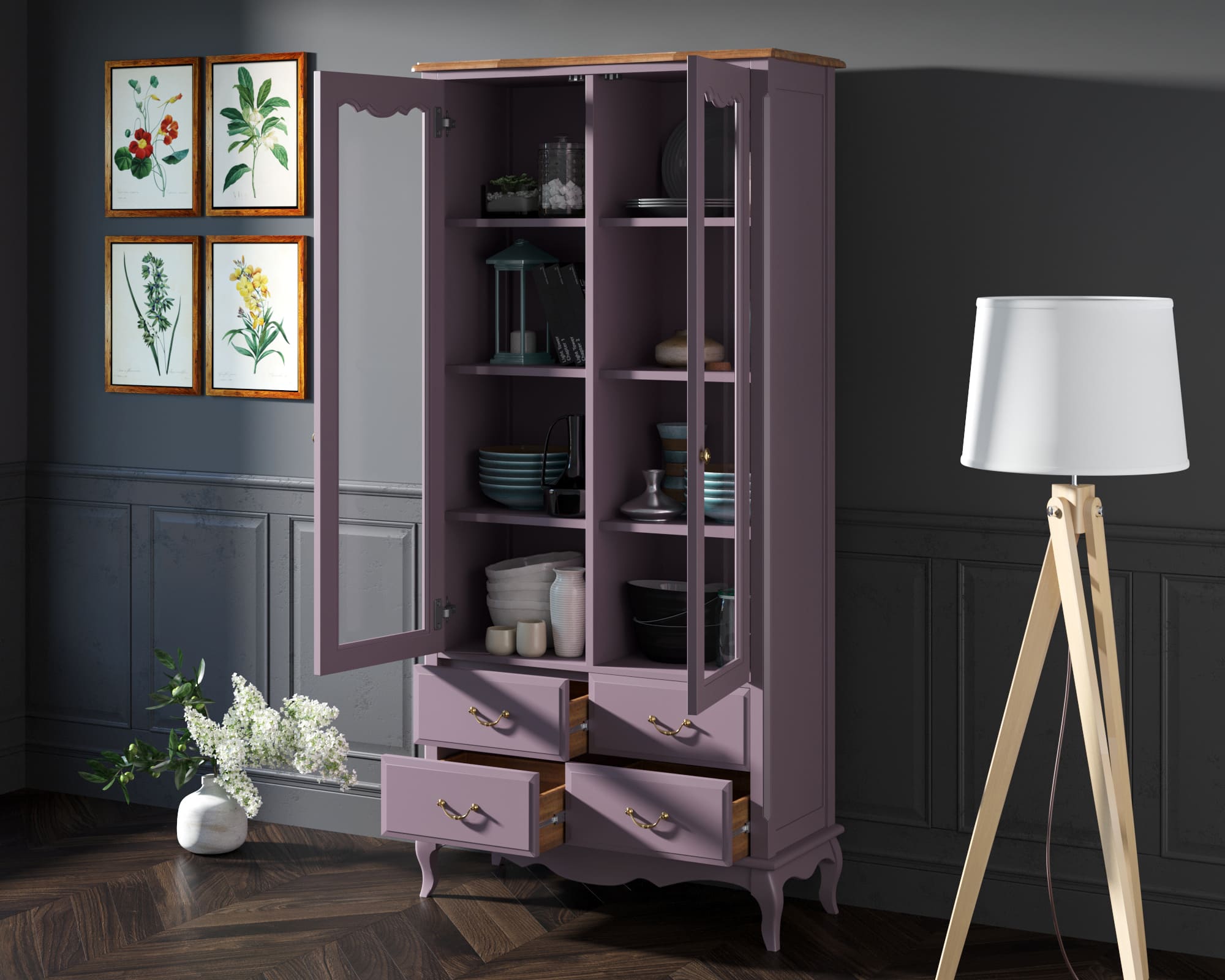 Шкаф Leontina Lavanda для посуды высокий 4 ящика  арт ST9355/4L