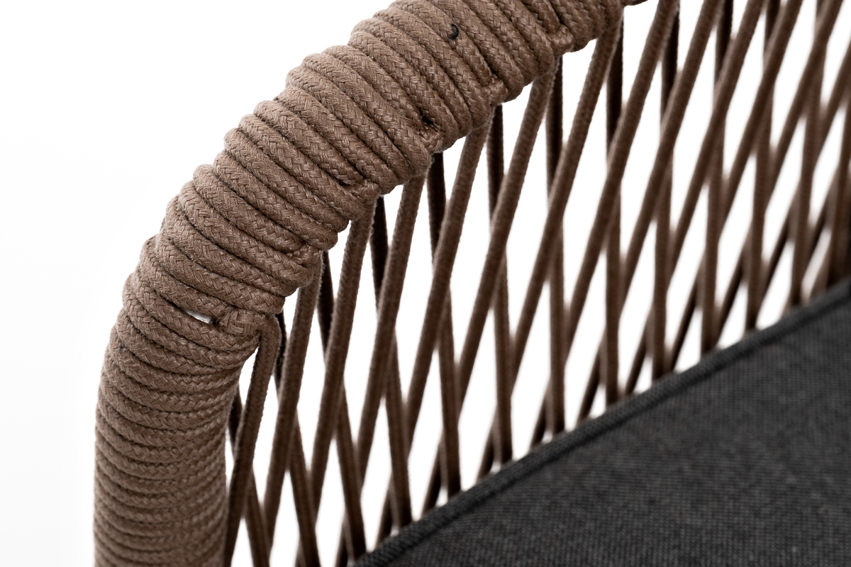 "Каннизо" диван 2-местный плетеный из роупа, каркас алюминий белый, роуп коричневый круглый, ткань серая
