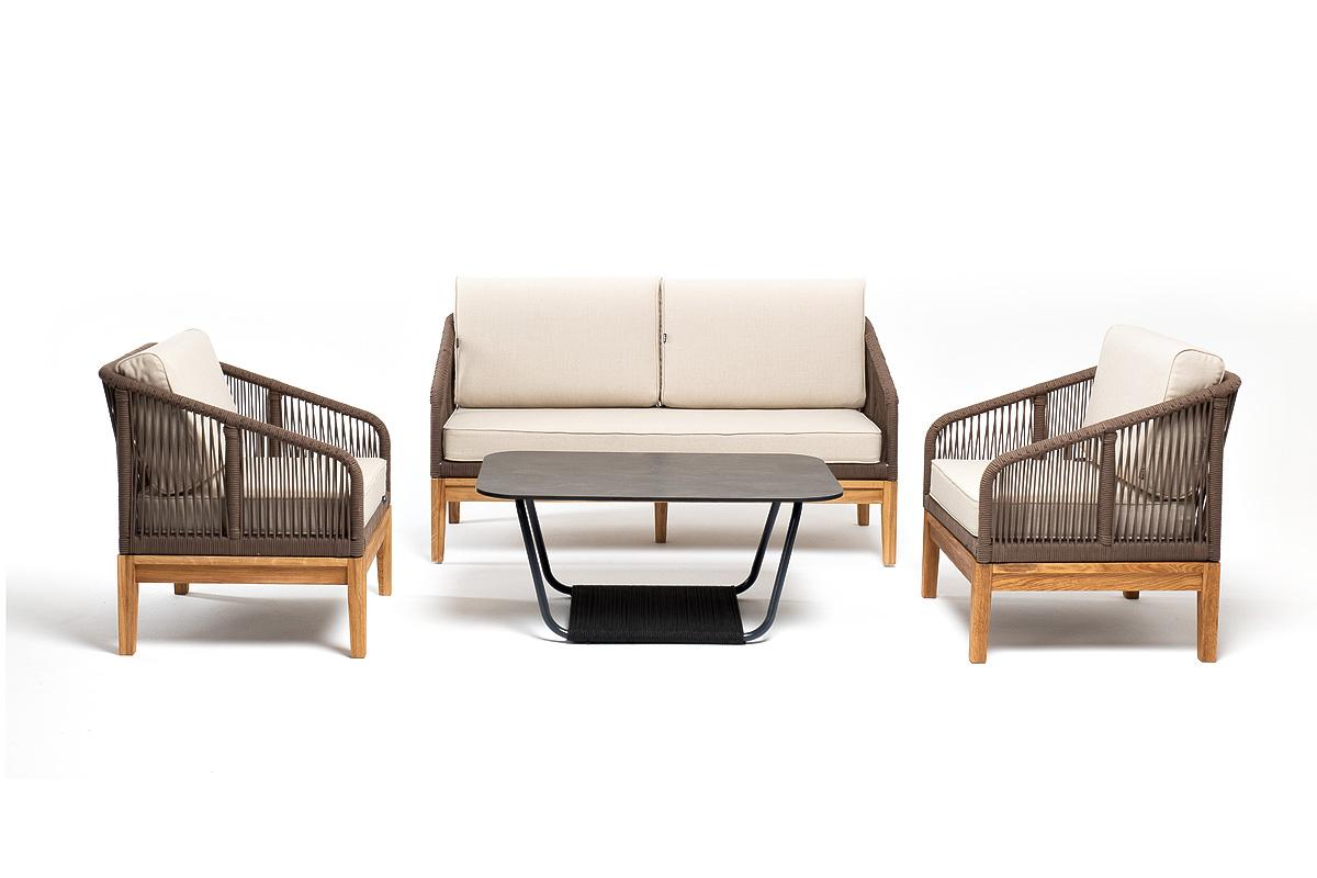 "Каннизо" лаунж-зона 4-местная из роупа со столом "Горнида" (серый гранит), основание дуб, роуп коричневый, ткань бежевая